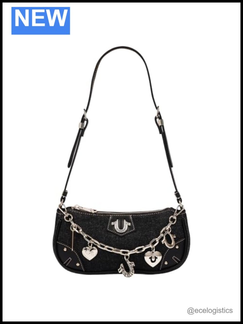 Cotton Blend Denim Shoulder Bag with Adjustable Strap and Charm